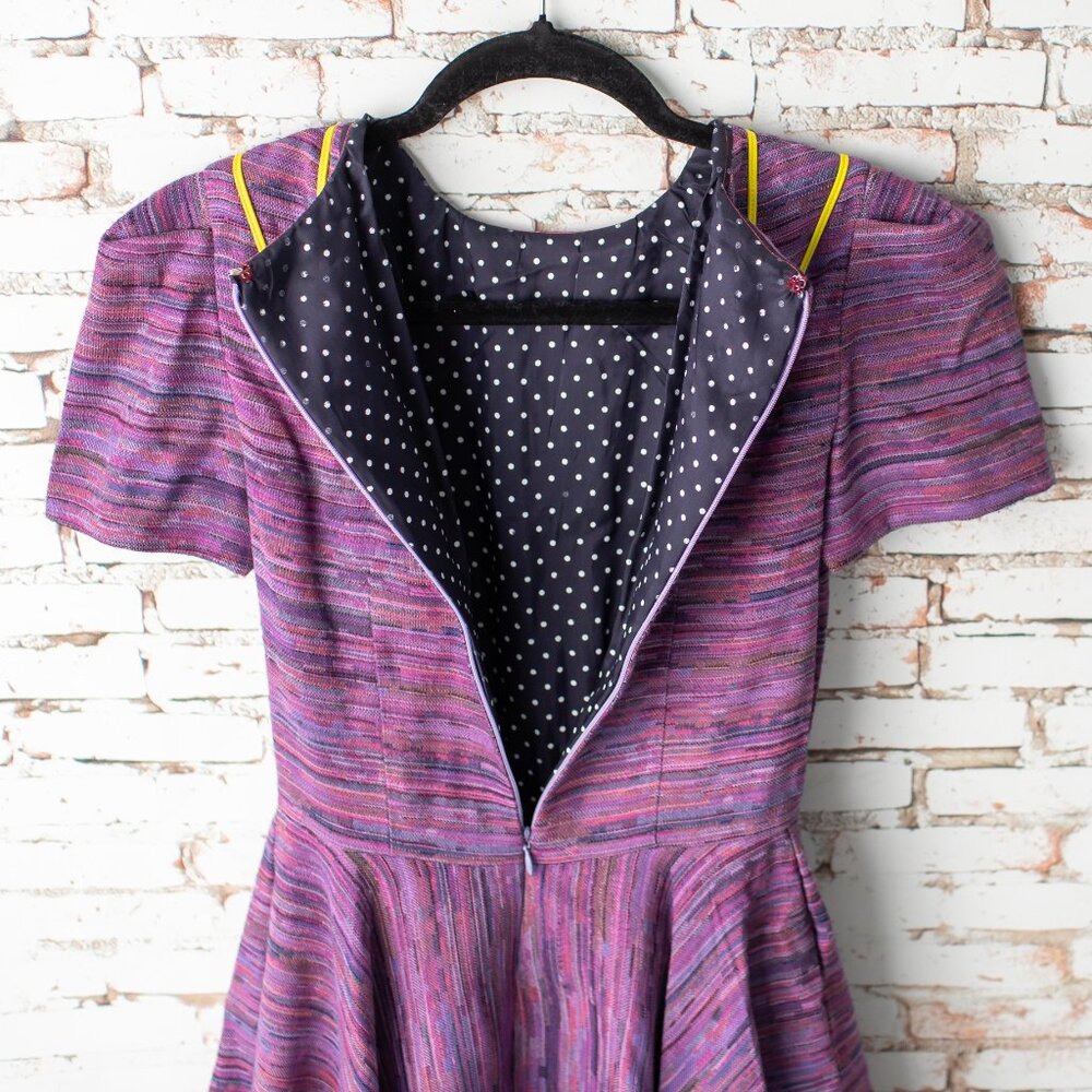 Handmade Women's Small Purple Fit Flare Dress Yellow Piping Short Sleeve Pockets - Picture 4 of 8